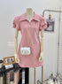 Zipper Collar Down Rose Decor Short Sleeves Mini Dress